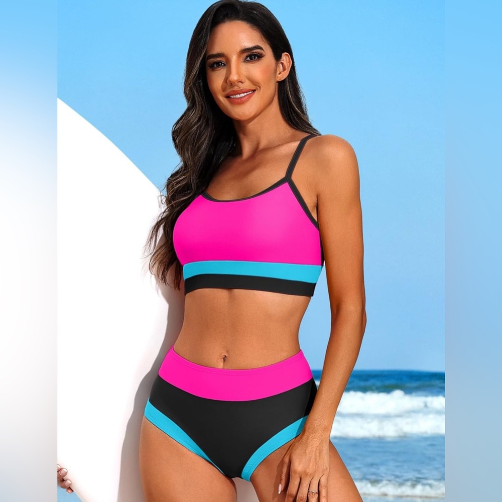 Women High Waiste Set Sporty Color Block Two Piece Scoop Neck Bathing Suits